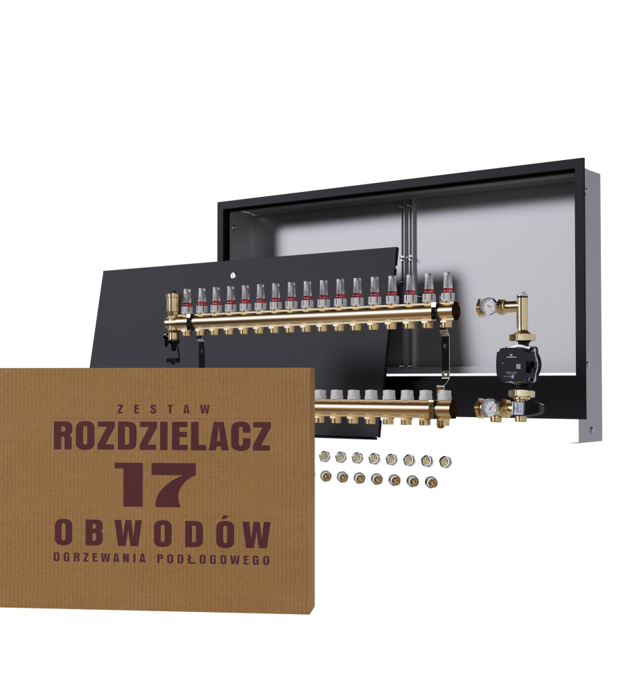 Rozdzielacz nierdzewny 17-obwodowy + Pompa GRUNDFOS + złączki + Skrzynka Natynkowa - Wysyłka24h