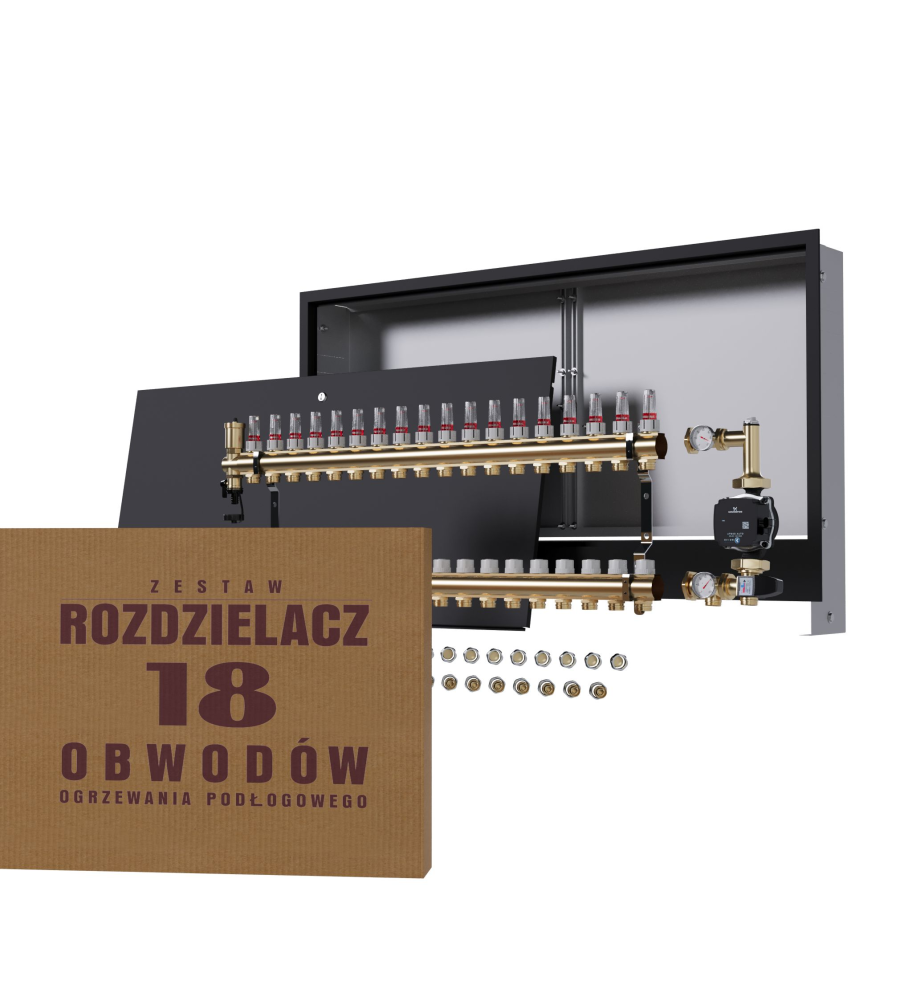 Rozdzielacz nierdzewny 18-obwodowy + Pompa GRUNDFOS + złączki + Skrzynka Natynkowa - Wysyłka24h